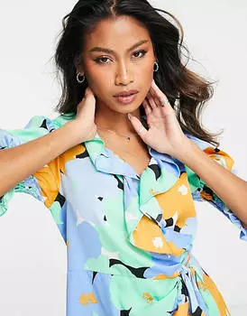 Topshop большое синее мини-платье с запахом и цветочным принтом