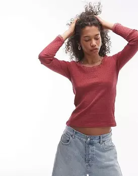 Topshop – бордовый топ с длинными рукавами из ажурной вязки с кружевной отделкой