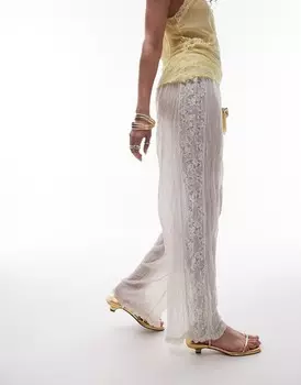 Topshop — брюки с широким низом из прозрачного кружева цвета экрю со рюшами