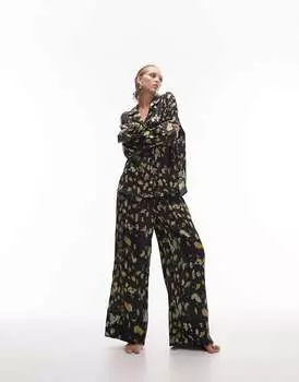 Topshop Черная атласная пижама из рубашки и брюк с принтом животных в стиле гранж Topshop Petite