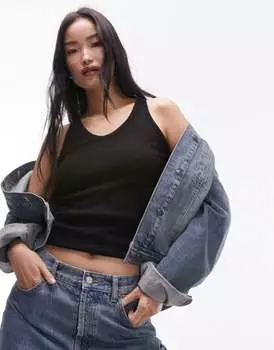 Topshop — черная майка в рубчик с круглым v-образным вырезом
