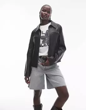 Topshop – Черная приталенная куртка из искусственной кожи с эффектом потертости