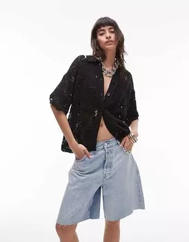 Topshop — Черная рубашка поло, связанная крючком