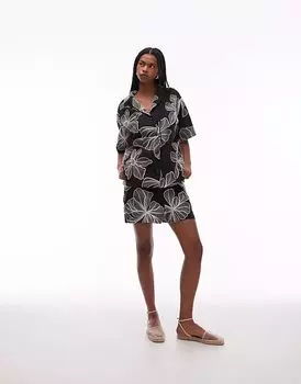 Topshop - Черно-белые льняные шорты с цветочной вышивкой, коорд