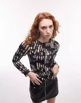 Topshop Черно-белый сетчатый топ с длинными рукавами и оборками