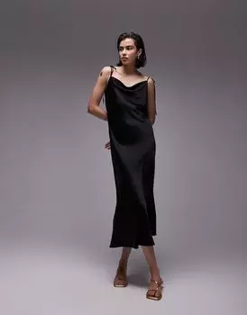 Topshop — черное платье-комбинация миди с завязанными бретельками и воротником-хомутом