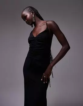 Topshop – черное платье макси с рюшами и бретелями