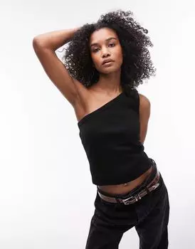 Topshop – черный топ на одно плечо в рубчик
