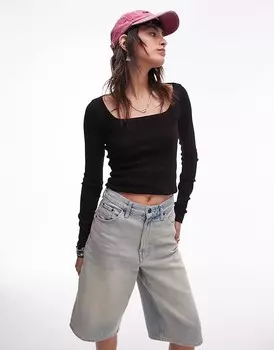 Topshop – черный топ с квадратным вырезом и длинными рукавами