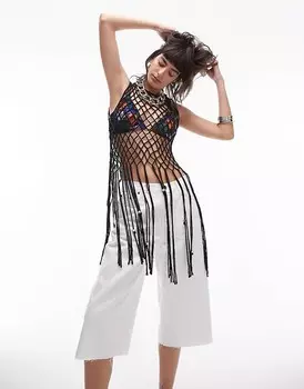Topshop – Черный вязаный топ широкой вязки с асимметричной бахромой