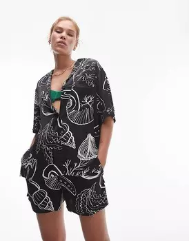 Topshop – Чёрные атласные шорты с узором ракушки, часть комплекта