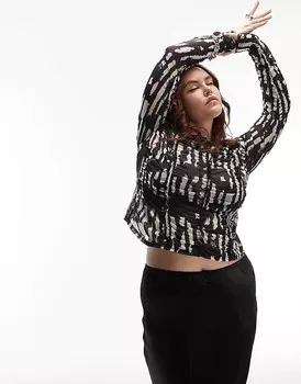 Topshop Curve – черный топ с длинными рукавами и сборками