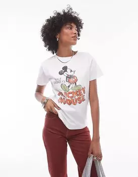 Topshop – Disney – облегающая и короткая футболка цвета экрю с лицензионной графикой Микки Мауса