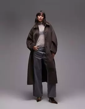 Topshop – Длинное пальто коричневого цвета с поясом