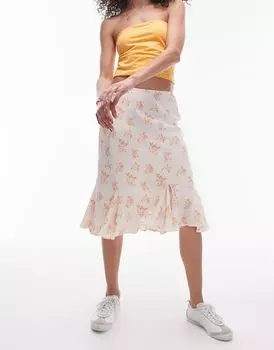 Topshop Двухслойная янтарная юбка длиной до колена с рюшами и цветочным принтом