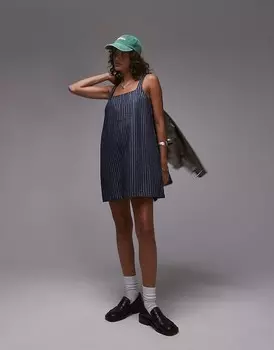 Topshop – джинсовое платье с нагрудником узкого кроя в полоску цвета индиго