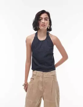 Topshop – Джинсовый топ синего цвета индиго с бретелями через шею и пряжкой