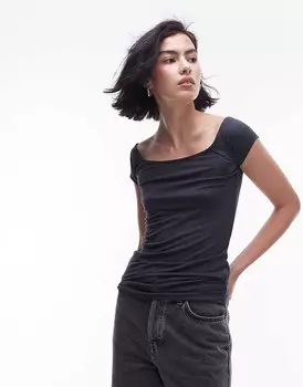 Topshop — футболка темно-серого цвета с короткими рукавами и вырезом «бардо»