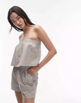 Topshop – хлопковый топ без бретелек оливкового цвета в полоску