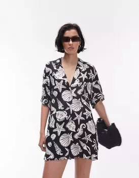 Topshop — комбинезон с пуговицами и принтом в виде ракушек, черно-белый