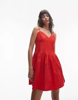 Topshop – Короткое летнее платье со складками красного цвета на бретелях