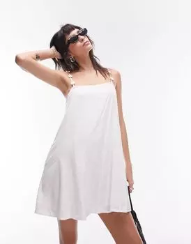 Topshop — короткое платье с цветочным принтом на тонких бретелях из льна цвета слоновой кости