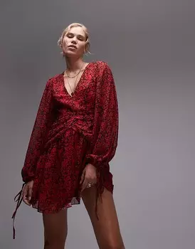 Topshop – Красное мини-платье с V-образным вырезом и присборенной талией в цветочный узор 3r