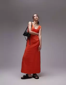Topshop – Красное платье-миди с U-образным вырезом и необработанным подолом