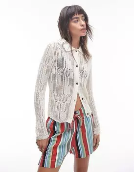 Topshop – Кремовая трикотажная рубашка с длинными рукавами и декоративным переплетением