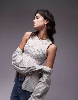 Topshop — кружевная майка цвета экрю с воротником-борцовкой