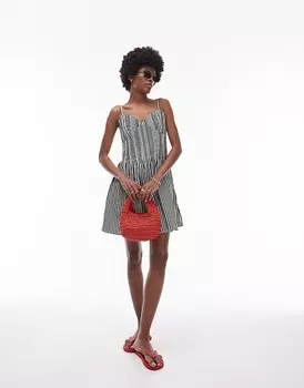 Topshop – Летнее мини-платье плиссе на бретелях в черно-белую полоску