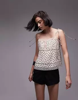 Topshop – Майка в горошек цвета слоновой кости = микс ткани с кружевом