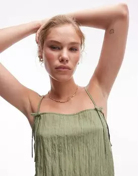 Topshop – Майка зеленого цвета с жатой структурой, квадратным вырезом и бантами