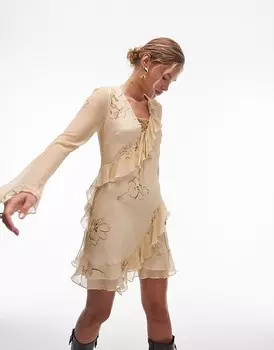 Topshop – мини-платье с длинными рукавами и рюшами в чайный узор