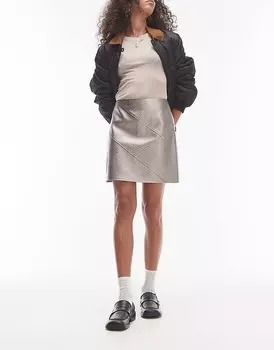 Topshop — мини-юбка стального серого цвета с эффектом металлик и прошитыми вставками из искусственной кожи