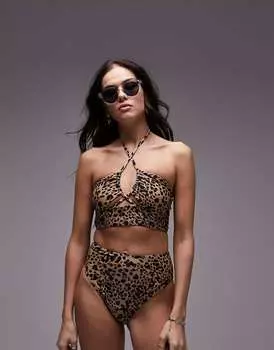 Topshop микс и комбинируемый удлиненный бикини-топ с воротником-бретелькой и леопардовым принтом