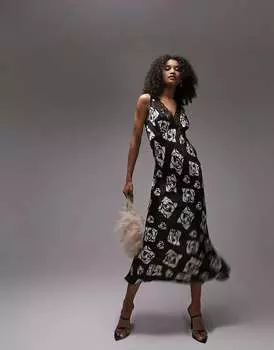 Topshop моно-платье миди на бретелях из кружева и розового атласа