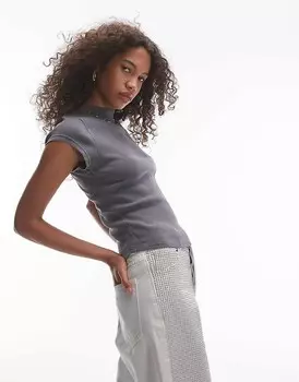 Topshop – Облегающая футболка в рубчик кислотно-серого цвета с изогнутым краем