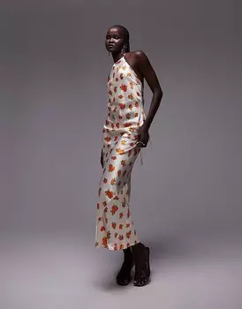 Topshop – платье макси с вырезом через шею и оранжевыми розами