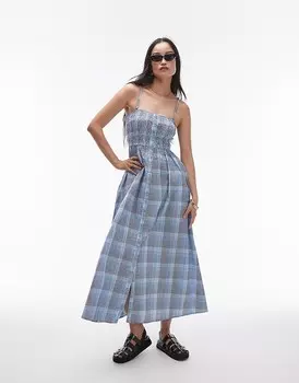 Topshop — платье миди со сборками в синюю клетку из сирсакера