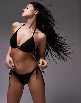 Topshop – Плиссированные черные плавки бикини с завязками по бокам