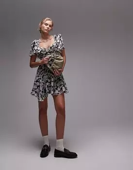 Topshop – Повседневное мини-платье с цветочным принтом Twisted Detail в черно-белом цвете s