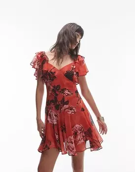 Topshop – повседневное мини-платье с принтом роз и оборками
