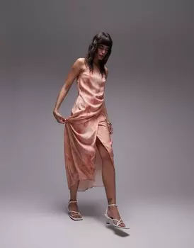 Topshop – премиальное платье миди с бретелями и ромбовидным вырезом пыльно-розового цвета с цветами
