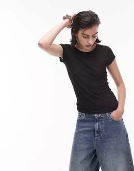 Topshop – Premium – Прозрачная удлиненная футболка в рубчик черного цвета