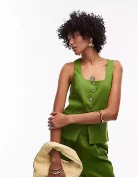 Topshop Premium свадебный жилет для гостей с длинным воротом-лодочкой зеленого цвета, ко-орд