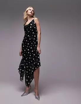 Topshop — прозрачное монохромное платье-комбинация миди в горошек