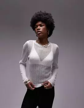 Topshop Прозрачный вязаный топ цвета слоновой кости с длинными рукавами