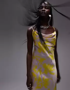 Topshop – розовое и желтое платье миди с воротником-хомутом и бретельками на бретелях с цветочным принтом