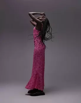 Topshop – розовое платье миди с принтом роз и расклешенным подолом на бретелях